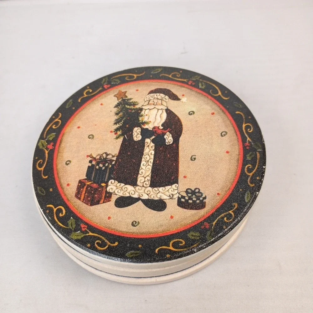 World Showcase Coasters Olde World Santa 4 Thirsty Stoneware Christmas Open Box